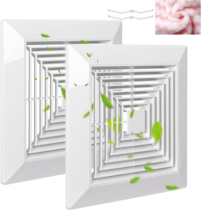 ( 2Piece 9" x 9"Inch Bathroom Exhaust Fan Cover with Spring, Square Ceiling or Wall Mounted Exhaust Fan, Ceiling Fan, Grille, Air Diffuser, Diverter Ventilation Hood, Replacement Accessories