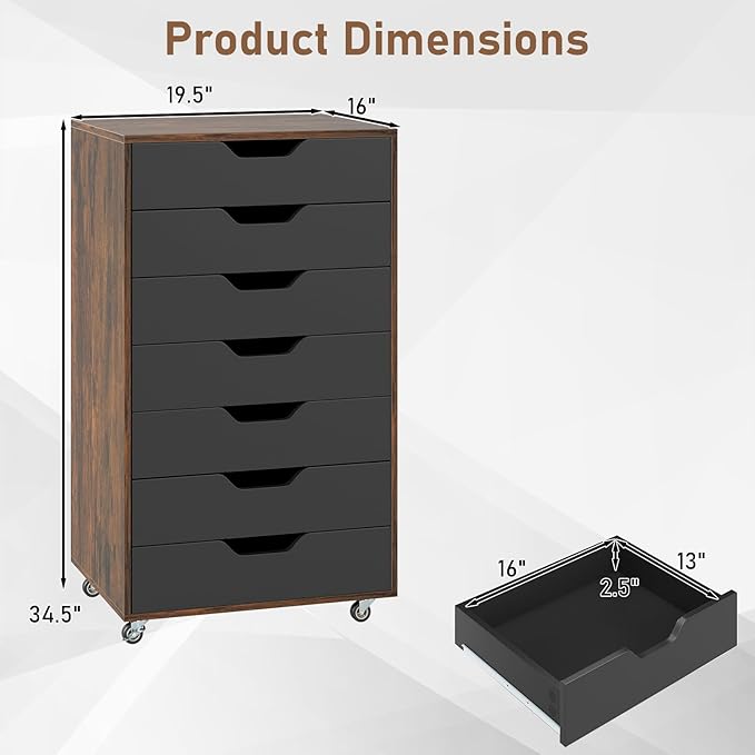 7 Drawer File Cabinet, Mobile Filing Cabinet w/Universal Wheels, Wood Printer Stand with Storage, Rolling File Cabinets for Home Office, Living Room, Bedroom (Rustic Brown, 7 Drawers)