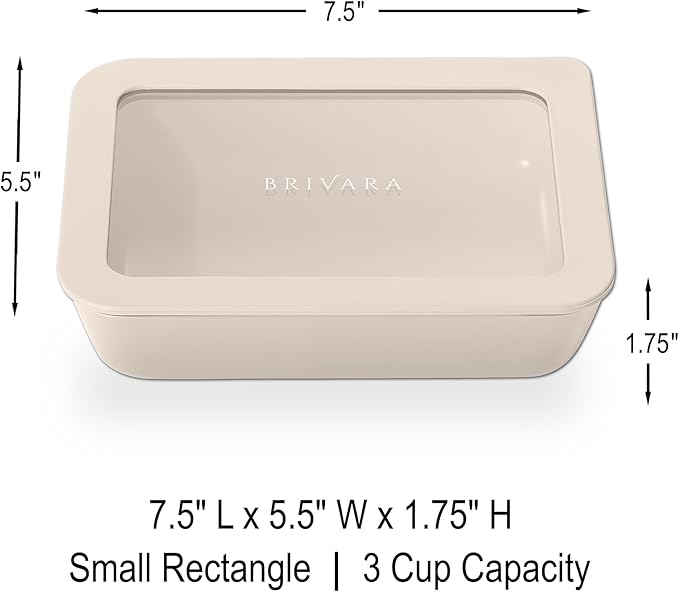 Ceramic Coated Glass Food Storage Container | No PTFE, PFOA, PFAS, and BPA | Reusable Non Toxic Meal Prep Container with Glass Lid | Easy To Store | 3 Cup Rectangle [Crema]