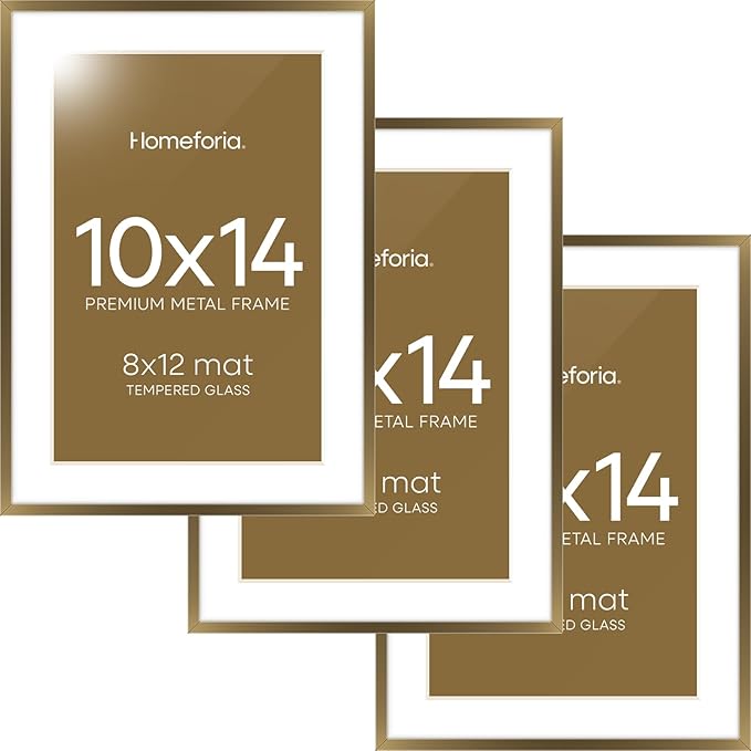 Homeforia 10x14 Bronze Picture Frame, High End Metal 10x14 Brass Frame with Mat 8x12, 10 x 14 Poster Frames Matted to 8 x 12 inch Photo, 10 by 14 Bronze Thin Frames, Tempered Glass, Wall Kit, Set of 3
