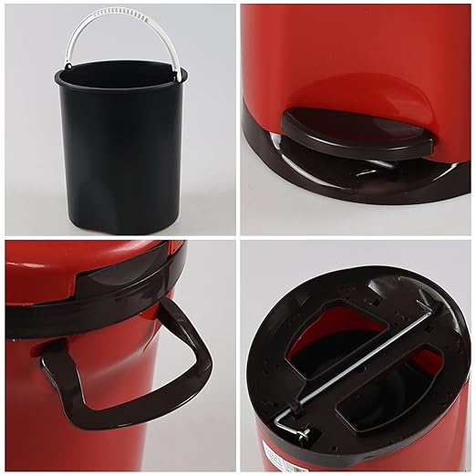 1.8 Gallon Plastic Round Step Trash Wastebasket with Lid, Small Bathroom Step Pedal Trash Can with Inner Bucket, Red