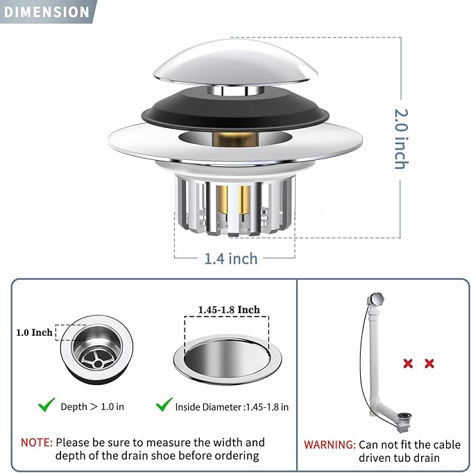 Universal 3 in 1 Bathtub Drain Stopper Bathtub Drain Hair Catcher, Pop-up Tub - Image 5