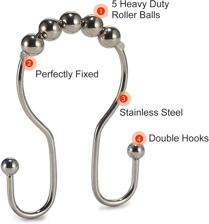 Shower Curtain Hooks, Stainless Steel Shower Curtain Hangers, Double Hook - Image 4