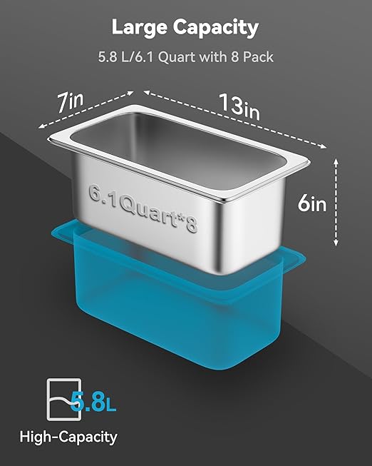 8 Pack Hotel Pans with Lids, 1/3 Size 6" Deep Stainless Steel Steam Table Pan 22 Gauge Anti Jam Commercial Food Pans for Hotel, Party, Buffet, Catering Supplies