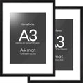 Homeforia A3 Picture Frame Black Wood, High-End Oak 11.7 x 16.5 Black Poster Frames Matted to 8.3 by 11.7 Photo, 11.7x16.5 Size Wooden Frame with Mat 8.3x11.7 Print, Tempered Glass, Wall Kit, Set of 2