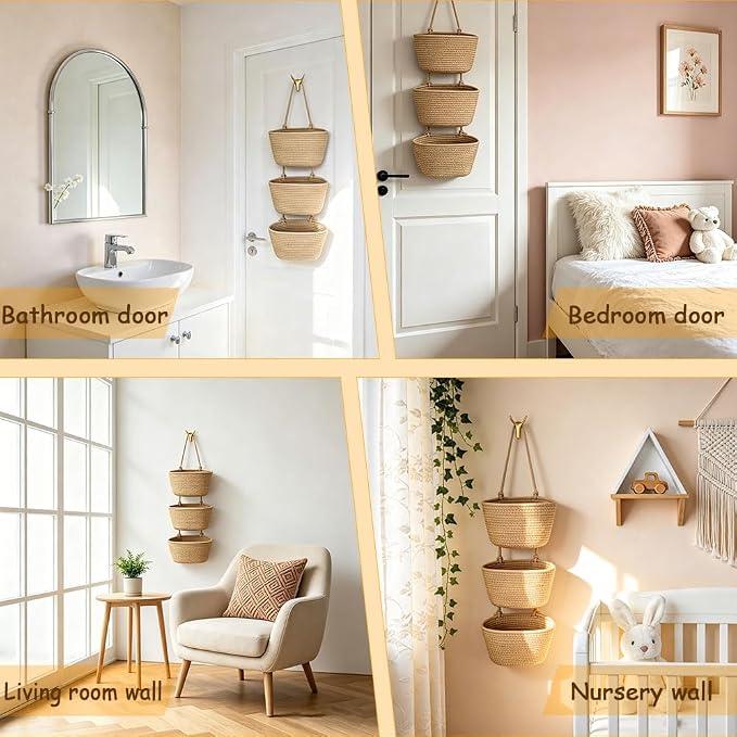 3-Tier Decorative Cotton Rope Hanging Basket, Wall-Mounted Woven Storage - Image 5