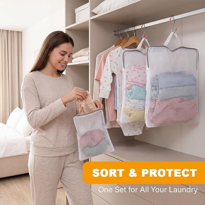 3Pcs Hanging Laundry Bags with S Hooks, 3 Different Size, Mesh Laundry Bags - Image 5