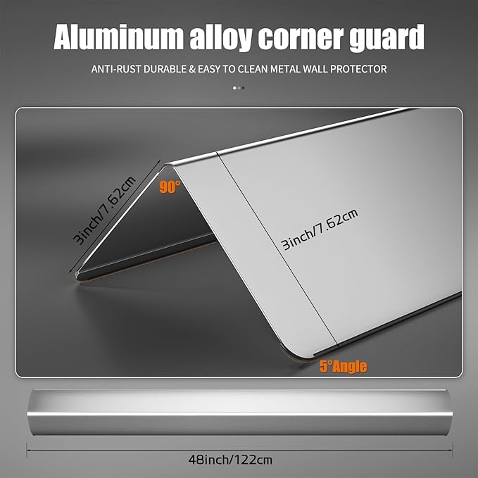 3x3x48 Inch 304 Stainless Steel Wall Corner Guards (10-Pack) Heavy Duty Rounded Corner Protector, Smooth Folded Edge Design for Wall Protection Stainless Steel Slab