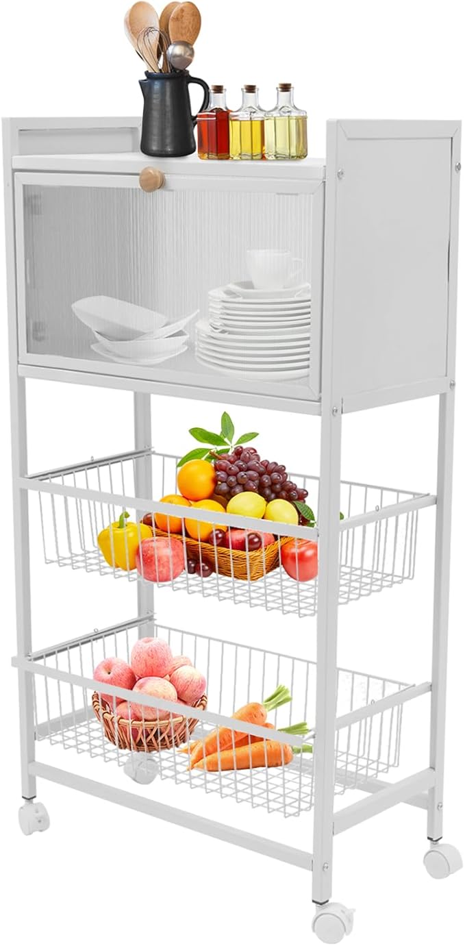 Bakers Rack for Kitchen with Storage, 4 Tier Kitchen Organizer Shelf for Vegetables, Fruits, Small Rice Cookers (White)