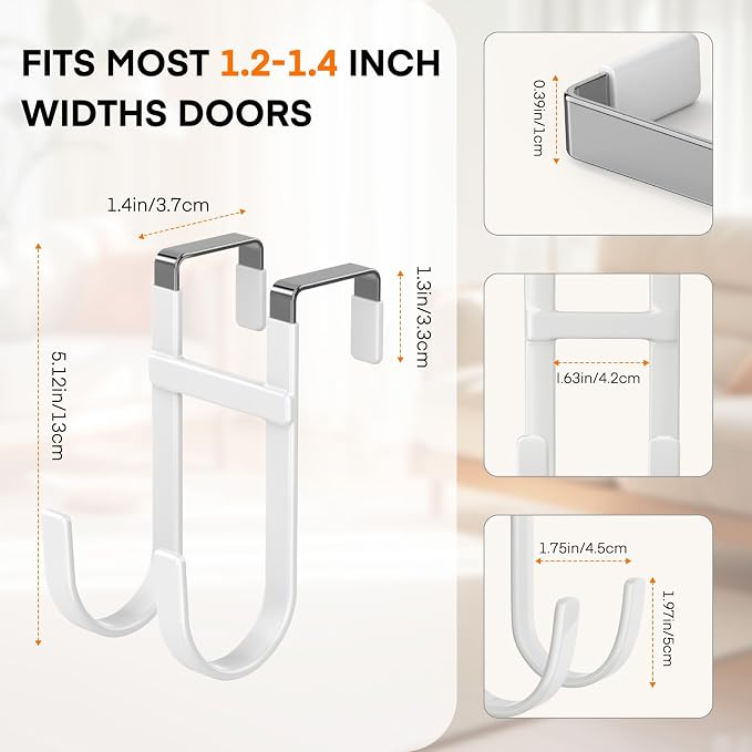 FYY Over the Door Hooks, Double-Hanger 2 Pack, Fits Doors 1 3/8" White | Heavy - Image 2
