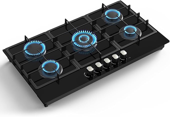 36 Inch Gas Cooktop Propane Stove, 5 Burner Built-in Gas Stove Top with Tempered Glass Panel, NG/LPG Dual Fuel Auto Ignition Propane Cooktop with Thermocouple Protection