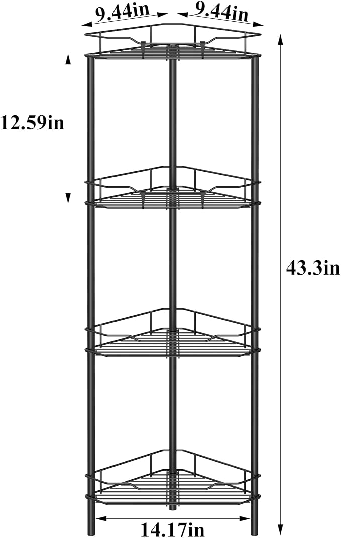 HuggieGems Metal Floor Standing Corner Shower Caddy, Matt Black, 4 Tier - Image 7