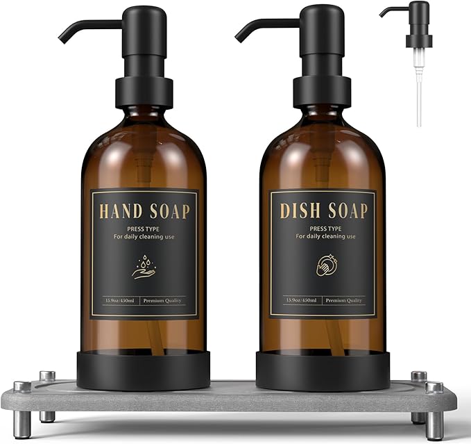 Luxspire 17 oz Glass Liquid Soap Dispenser Set, Amber + Dark Gray, 2 Pack | by Luxspire