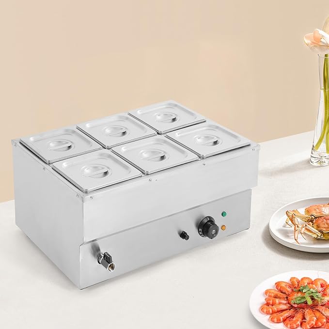 1500W Electric Commercial Food Warmer,6 Pan Stainless Steel Buffet Steam Table,Bain Marie Buffet Countertop with Temperature Control & Lid for Parties,Catering,Restaurants 110V