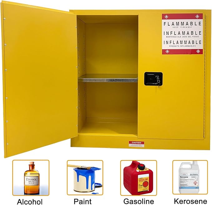 Flammable Safety Cabinet, 43" W x 18" D x 44" H, Suitable for Storing up to 30 Gallons, Cold-Rolled Steel fire Resistant Cabinet with Adjustable Shelves, 2 Manual Closing Doors for Industrial Use