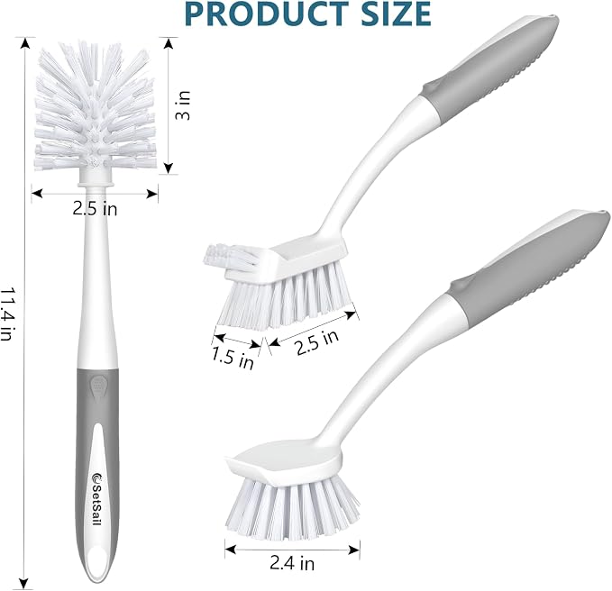 SetSail 3 Pack Dish Brush Set, Long Handle Kitchen Scrub Brush, Non-Slip Rubber - Image 2