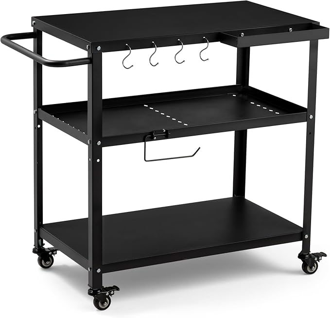 Outdoor Grill Cart Table,Indoor and Outdoor Pizza Oven Table,with 4 Movable Total Lock Casters, Hooks, Side Handle Multifunctional (Black) (Black)