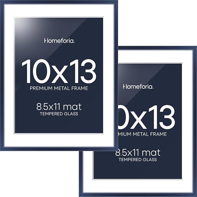 Homeforia 10x13 Picture Frame Navy Blue, High End Metal 10x13 Wall Hanging Frame with Mat 8.5x11, 10 x 13 Poster Frames Matted to 8.5 x 11 inch Photo, 10by13 Frames, Tempered Glass, Wall Kit, Set of 2
