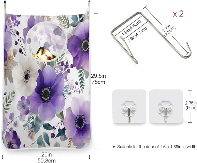 Purple and White Silver Lotus Flowers and Berries Hanging Laundry Hamper Door - Image 3