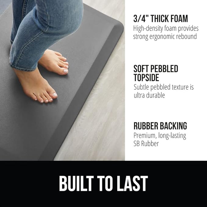 GORILLA GRIP Comfortable Cushioned Kitchen Mats for Floor, Waterproof and Stain Resistant Soft Top, 3/4 Inch Thick Ergonomic Standing Desk Anti Fatigue Mat, Foam Supports Ankles and Feet, 20x32, Grey