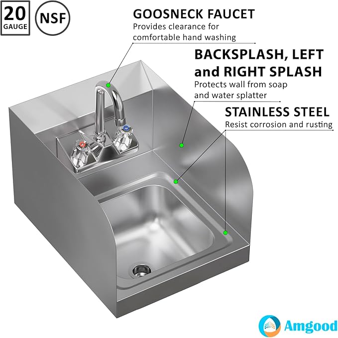 Commercial Stainless Steel Wall Mounted Hand Sink 12" x 16" with Side Splash and Gooseneck Faucet | NSF
