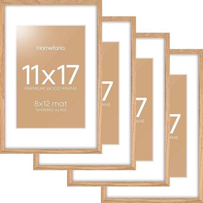 Homeforia 11x17 Wood Frame, High End Natural Oak 11x17 Light Wooden Picture Frame with Mat 8x12, 11 x 17 Poster Frames Matted to 8 by 12 Photo, 17x11 Hanging Frames, Tempered Glass, Wall Kit, Set of 4