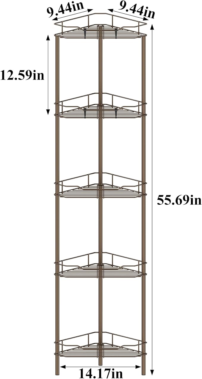 HuggieGems Metal Floor Standing Corner Shower Caddy, 5 Tier - Image 7