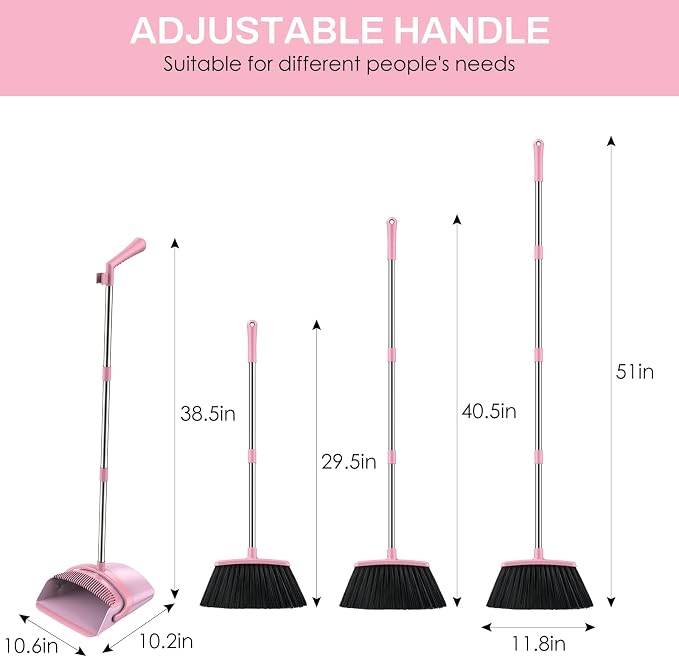 Broom and Dustpan Set for Home, 51-in Long Adjustable Handle Angle Broom and - Image 2
