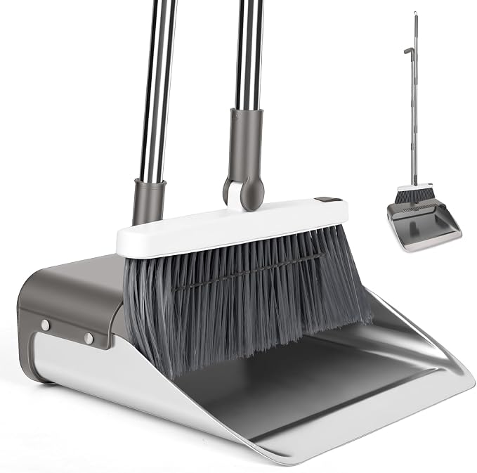 Broom with Dustpan Combo Set, Lightweight Standing Metal Dust Pan with Teeth by Unknown