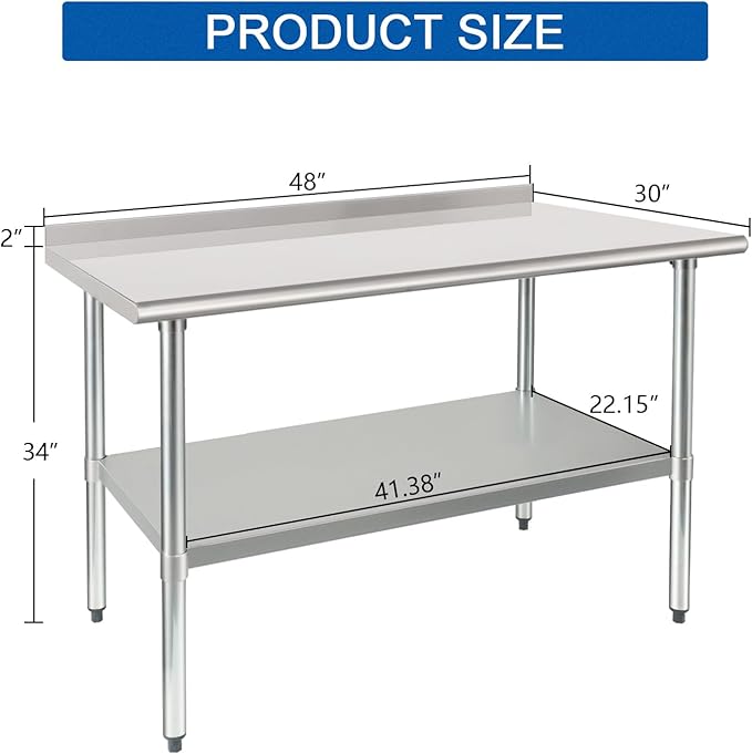 HARDURA Stainless Steel Prep & Work Table 30 x 48 Inches NSF Heavy Duty Commercial with Undershelf and Backsplash, Galvanized Legs for Commercial Food Prep