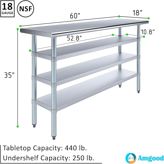 18 in. x 60 in. Stainless Steel Work Table with Three Bottom Shelves | NSF Kitchen Prep Table | Utitly Metal Table