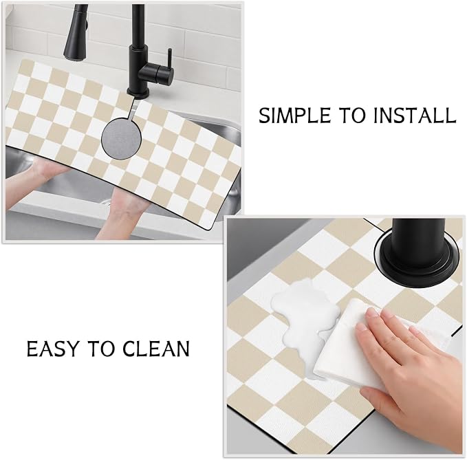 Light Brown White Checkered Kitchen Sink Splash Guard Faucet Mat, Faucet - Image 4