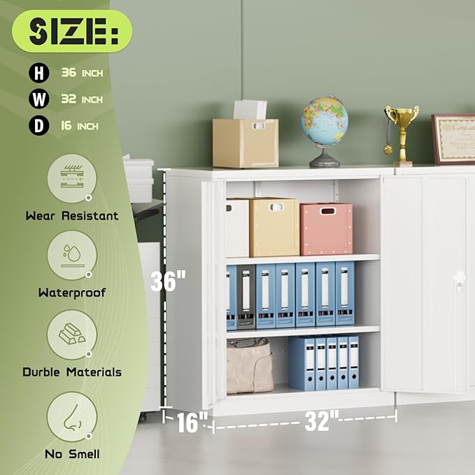 Oakcloud Oakmont Metal Storage Cabinet for Tool Organization, 36" Lockable Garage Storage Cabinets with 2 Doors and 4 Adjustable Shelves, Locking File Cabinet for Office, Home, School (36”-White)