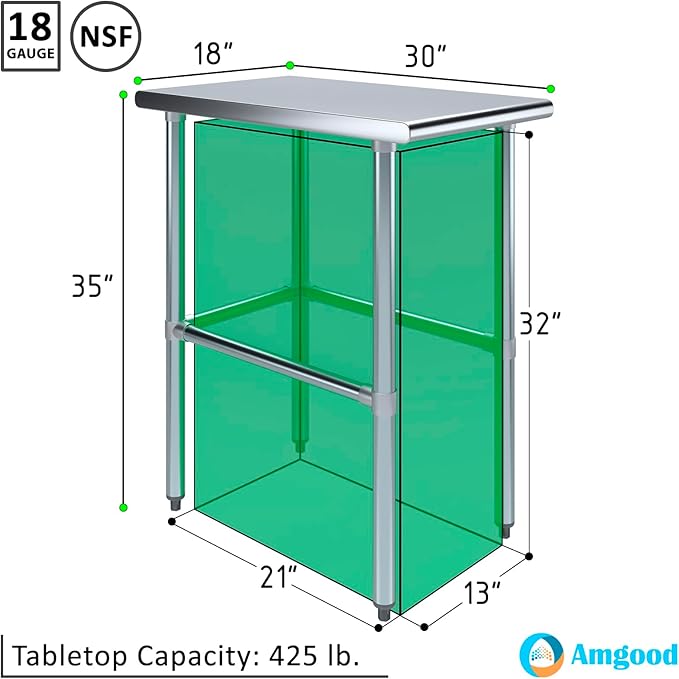 AmGood Stainless Steel Work Table Open Base | NSF Kitchen Island Food Prep | Laundry Garage Utility Bench (18" Long X 30" Deep)