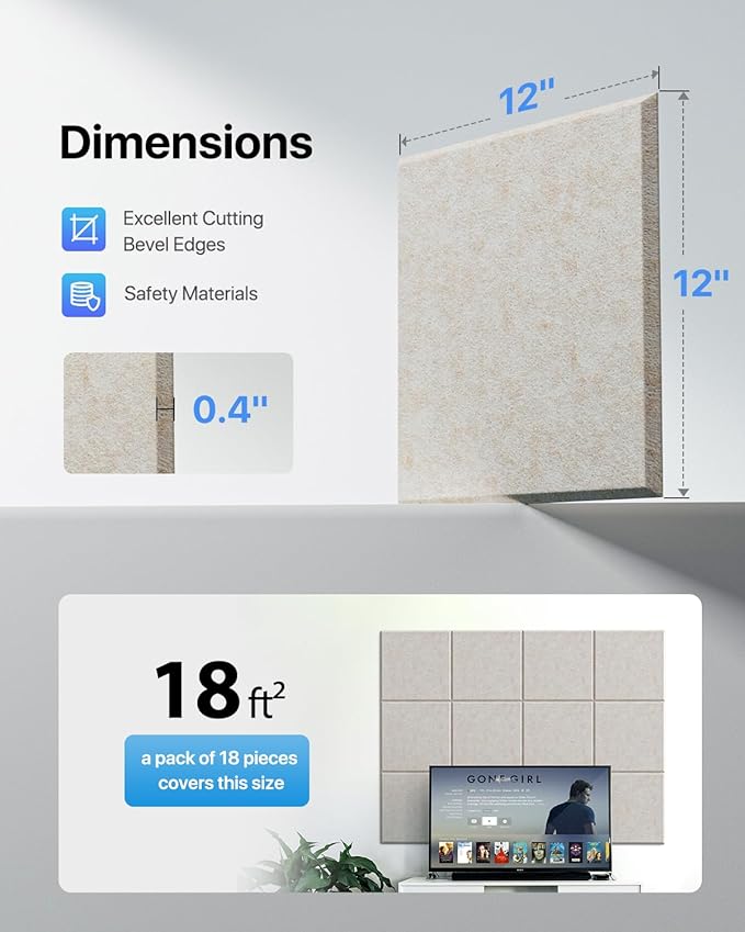 18 Pack Soundproof Wall Panels Self-Adhesive, Square Sound Proof Foam Panels for Wall, High Density Acoustic Panels, Acoustic Panels for Home Office, Reccording Studio 12" X 12" X 0.4" Beige