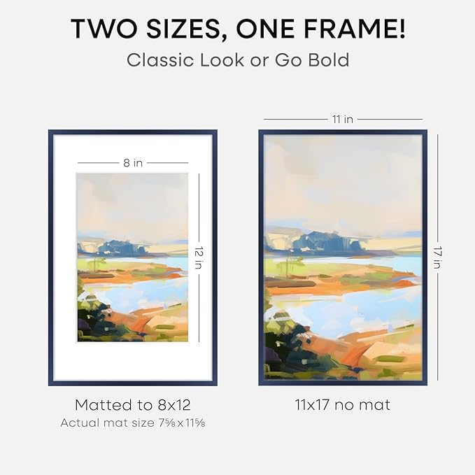 Homeforia 11x17 Picture Frame Navy Blue, High End Metal 11x17 Poster Frames with Mat 8x12 Photo, 11 x 17 Navy Blue Frames Matted to 8 by 12 Print, 17x11 Thin Frames, Tempered Glass, Wall Kit, Set of 2