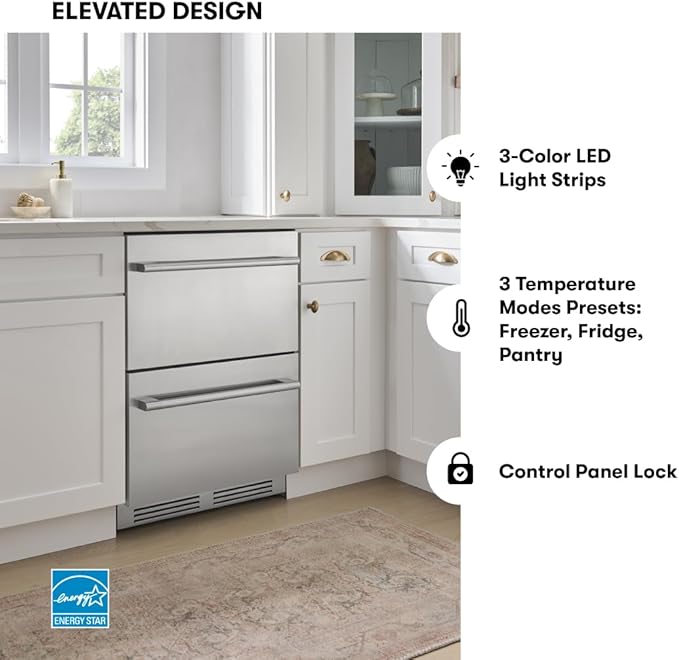 Zephyr 24" Presrv™ Dual Zone Refrigerator Freezer Drawers - Built In Fridge with Modes for Freezer, Fridge and Pantry, Convertible -7° – 65° F (each zone), LED Lighting, Soft Close, PRRFD24C2AS
