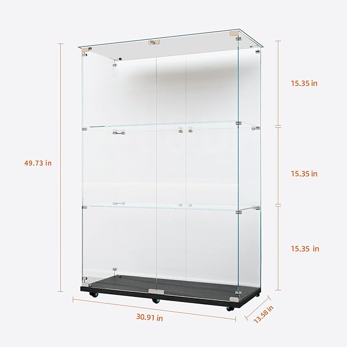 Yoluckea 3 Tiers Glass Display Cabinet with Bluetooth LED Light Strip, 2 Doors Floor Standing Curio Cabinet with Universal Wheel for Home, Black Glass Bookshelf for Collections, Clear Top