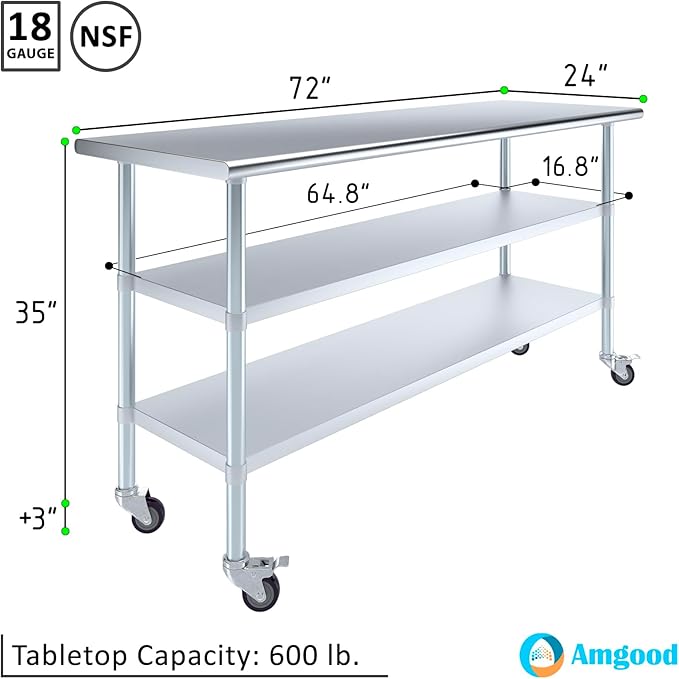 AmGood Stainless Steel Work Table with 2 Shelves and Casters | Metal Utility Table On Wheels (Stainless Steel Work Table with 2 Shelves + Casters, 72" Long x 24" Deep)