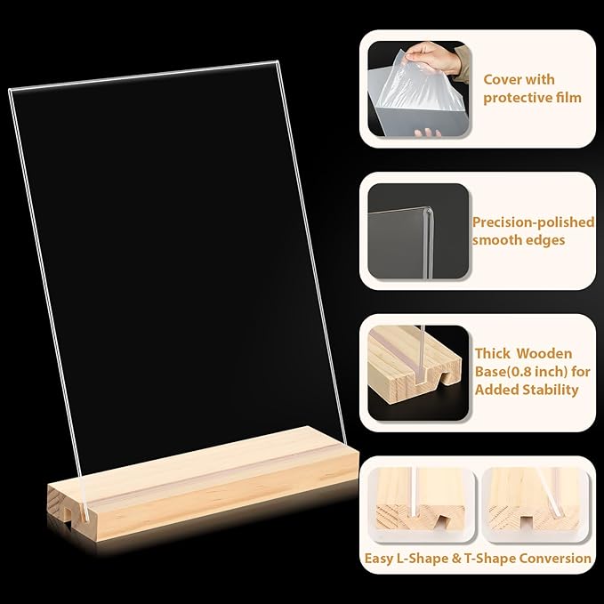 6pack 8.5x11 Acrylic Sign Holder with Wood Base for Picture Frames,L/T Shape Double Slot Design for Vertical or Slant Back Display, for Restaurant, Office, School, Store and Home Use
