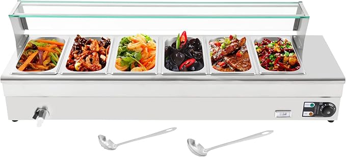 DYNAMI 110V 1200W 6 Pan Commercial Buffet Food Warmer, 6 x 3.1QT 1/3 GN 6in Deep Stainless Steel Electric Countertop Steam Table with Glass Cover & Temperature Control,for Parties Buffet Catering