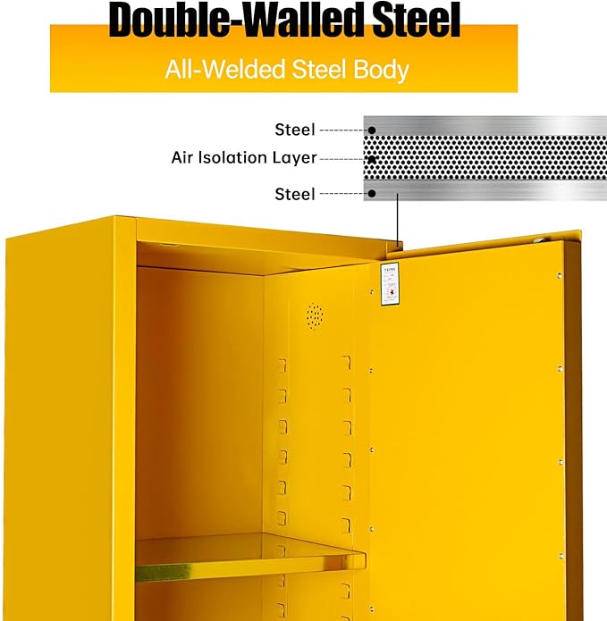 Flammable Safety Cabinet 23" x 18" x 65" Yellow, Cold-Rolled Steel 50 Gallon Explosion Proof Cabinet, 2 Adjustable Shelves & Vent Design for Commercial Garages, Lab & Industrial Facilities