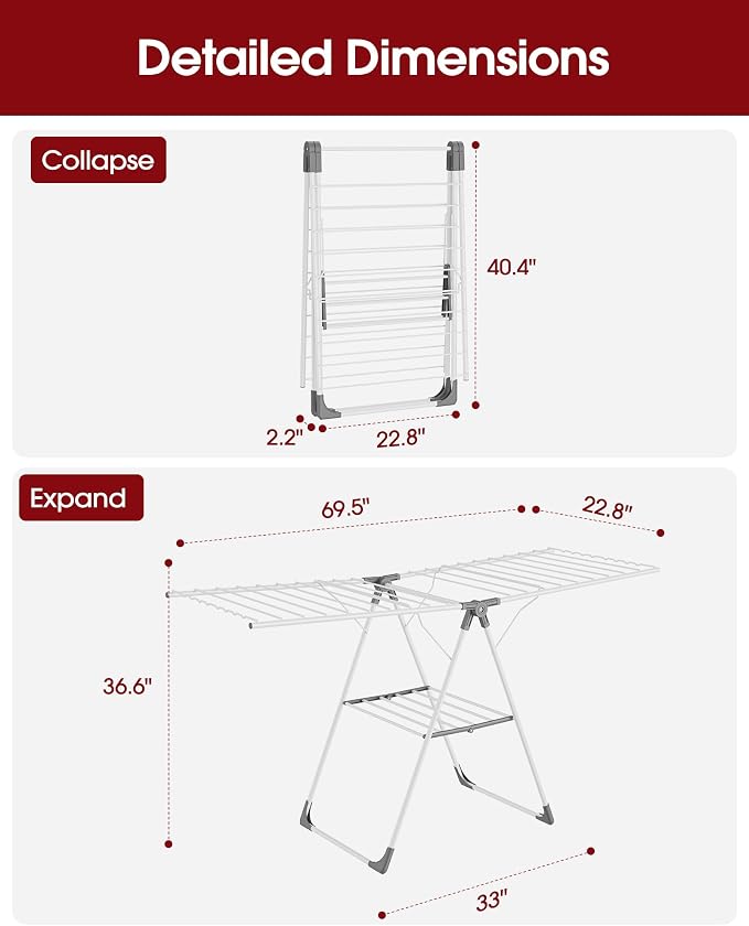 Sakugi Clothes Drying Rack, 69.5" Adjustable Wings, Foldable Design | Laundry - Image 3