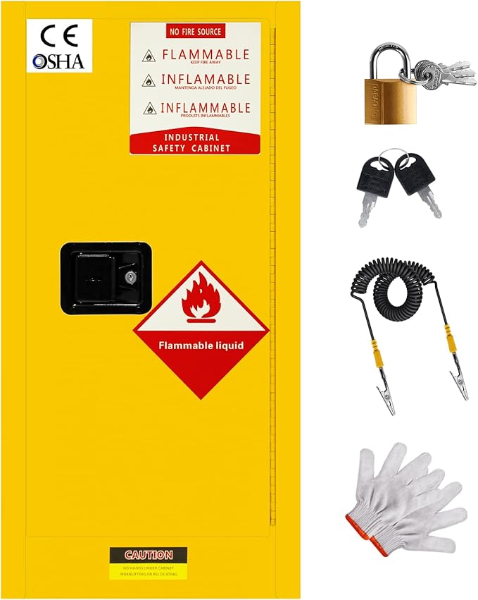 25 Gallon Flammable Storage Cabinet, 35.5×18×18in Galvanized Steel Safety Storage Cabinet, Adjustable Shelf Fireproof Cabinets, Flammable Liquid Storages Cabinets for Industrial and Home Use, Yellow