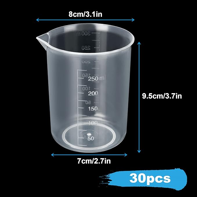 HNBun 30 Pack 250ml Plastic Graduated Beakers - Clear Mixing Cups with Dripless Spout & Embossed Scale for Epoxy Resin, Paint, Science Lab & Kitchen Use