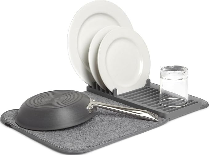 Umbra Udry Dish Drying Rack, Folding Dish Drainer Mat, Dark Grey | Absorbent by Umbra