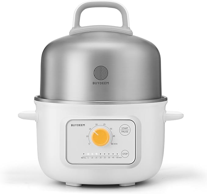 BUYDEEM G32 Electric Food Steamer 1.6QT, Stainless Steel Steamer for Vegetable Egg Seafood, 8 Time Settings, Triple Dry Protection, Quick Steam, Healthy Cooking for 1-2 Servings, Arctic White