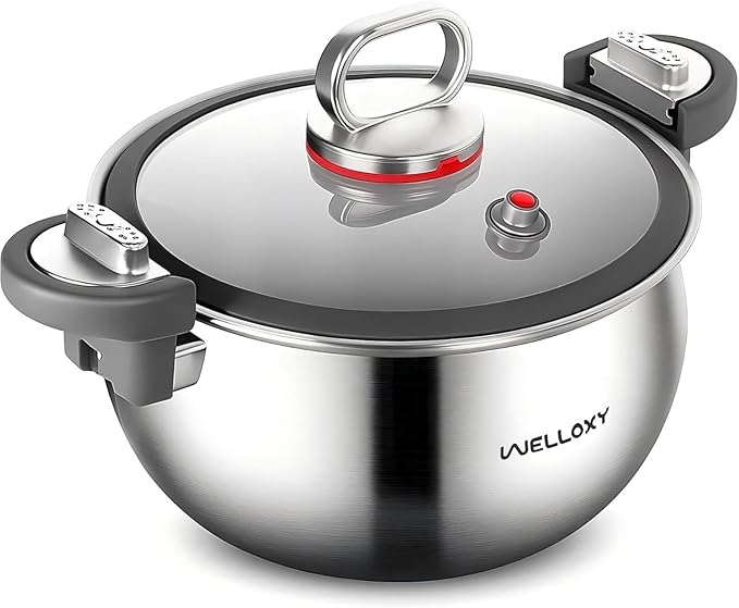 WELLOXY Tri-Ply Stainless Steel Stock Pot - 7.5Qt Heavy-Duty Stew Pots for Soup Gumbo Pasta with Tight-Fittng Lid for Faster Cooking, Healthy Kitchen Cookware on Induction & Gas Stovetop