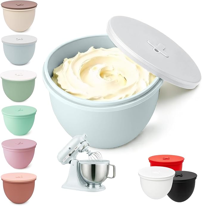 Omoiyari Premium MIST BLUE Silicone Bowl Liner with Lid for KitchenAid 5-Qt Tilt-Head (Only),2mm Extra-Thick Silicone,Odour-Free&Heat-Resistant, Air Valve for Dough Proofing, Dishwasher Safe,BPA Free