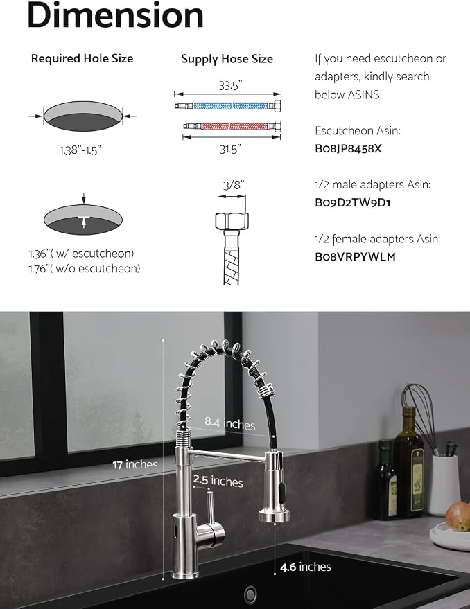 WEWE Touchless Kitchen Faucet, 2-Mode Sprayer, Brushed Nickel, Pull-Down | - Image 6